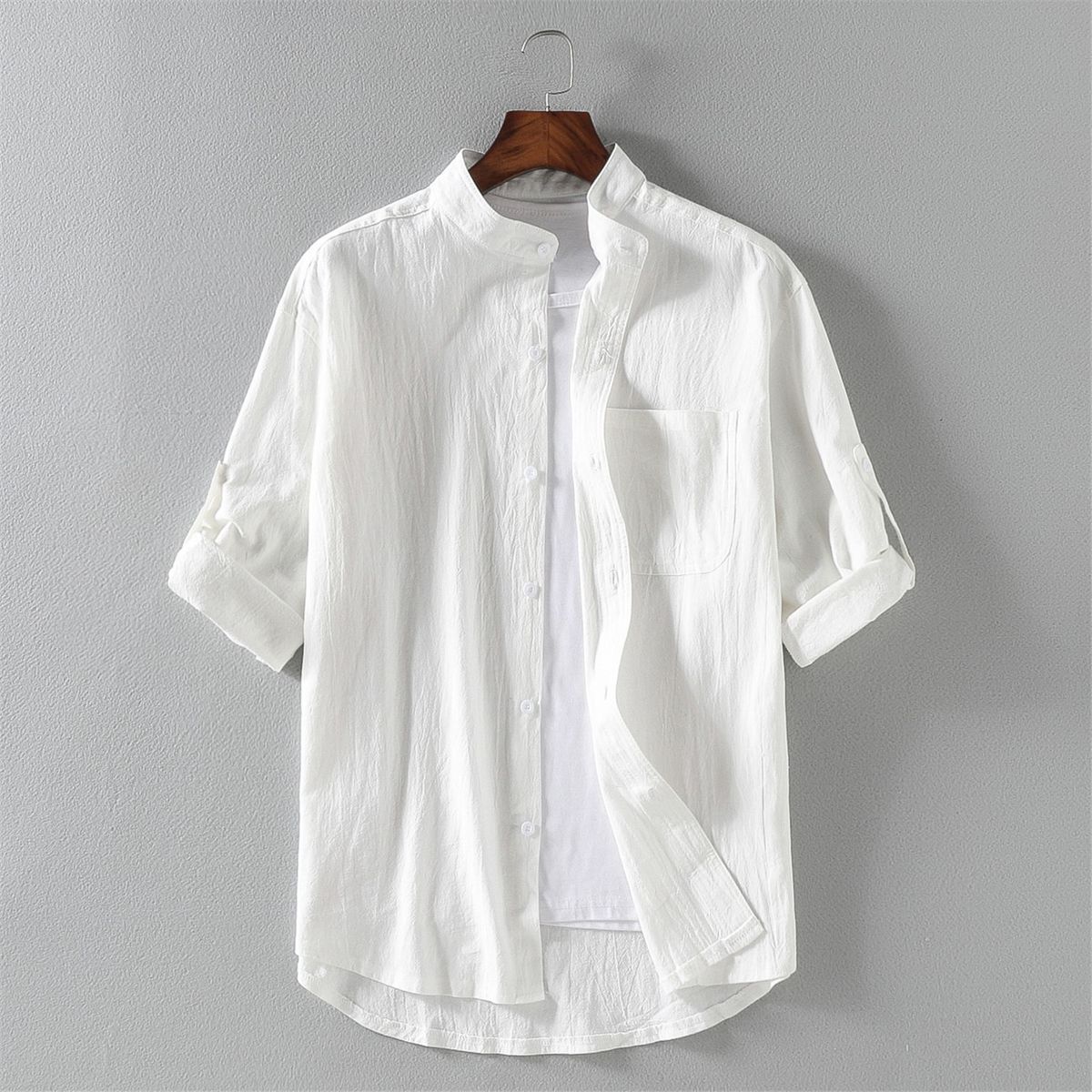 Men's Clothing Stand Collar Three-quarter Sleeve Shirt Trendy Men's Cotton And Linen Loose Three-quarter Sleeve Large Size Shirt Linen Men's Clothing_viptrois.com