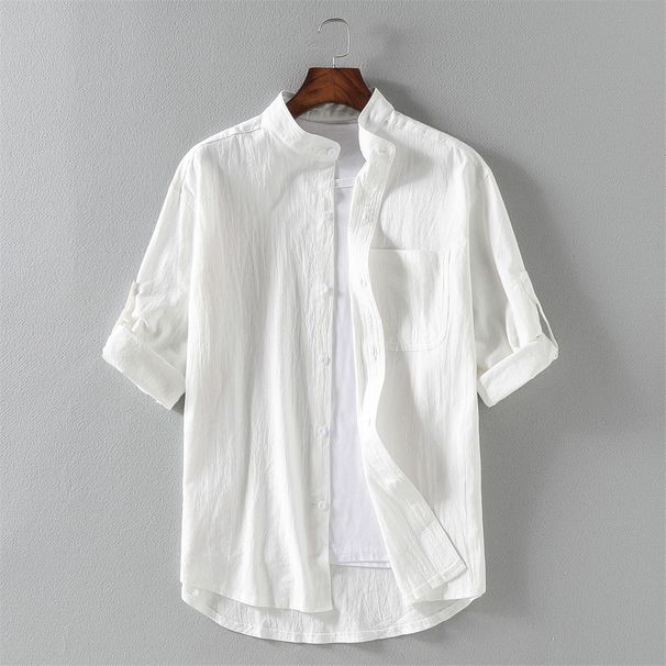 Men's Clothing Stand Collar Three-quarter Sleeve Shirt Trendy Men's Cotton And Linen Loose Three-quarter Sleeve Large Size Shirt Linen Men's Clothing_viptrois.com