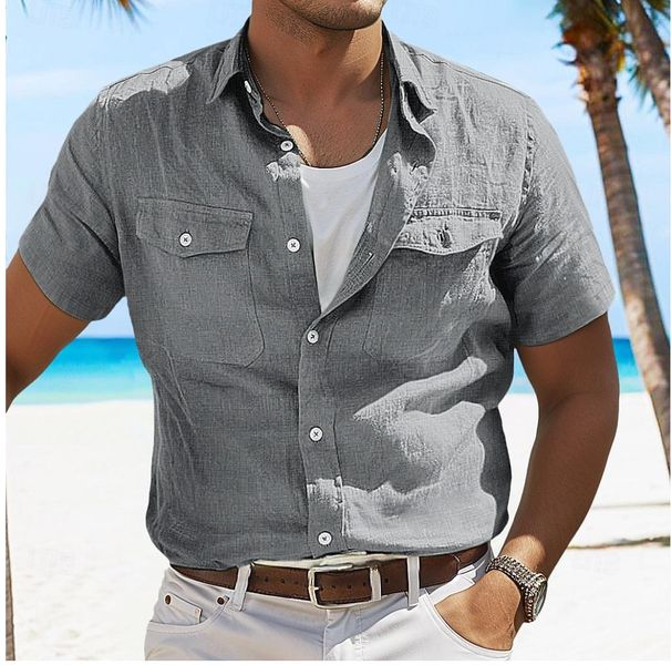 Men's Clothing Linen Summer Shirt Beach Solid Color Lapel Spring And Summer Street Daily Clothing Apparel Pocket_viptrois.com