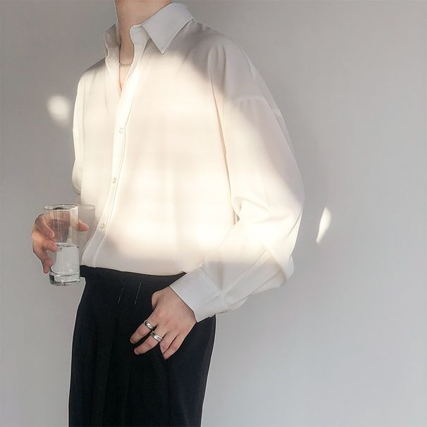Men's Clothing INS temperament retro drape free ironing green white shirt men and women long sleeves handsome Korean version loose_viptrois.com