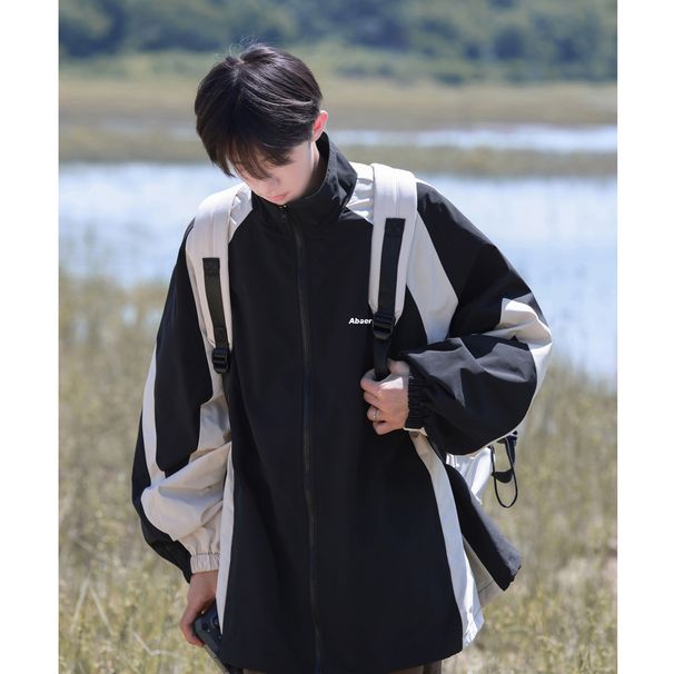 Men's For Spring Autumn, American Style Outdoor Color-Block Patchwork, Stylish And High-End Trendy Loose Casual Jacket_viptrois.com