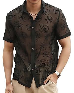 Men's Clothing Rose Flower Mesh See Through Button Short Sleeved Casual Vacation Shirt_viptrois.com