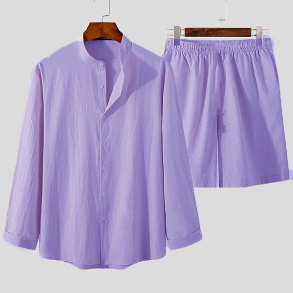Men's Clothing Men's Casual Cotton And Linen Suits Men's Home Clothes Loose Long Sleeved Shorts Two Piece Suit_viptrois.com