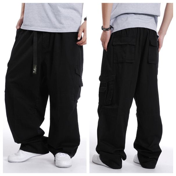 Spring Autumn Men's Multi-Pocket For Big And Tall, Casual Cotton Cargo Pants, Plus Size Wide-Leg Elastic Waist Loose_viptrois.com