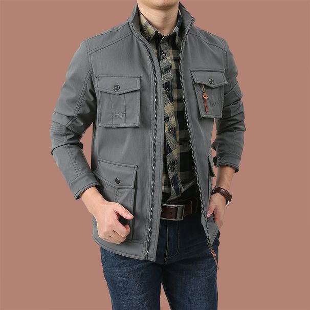 Men's Casual Workwear Jacket With Multiple Pockets, Stand Collar Water-Resistant & Durable, Relaxed Fit (Black/Khaki/Army Green/Gray) - Sizes M To 5XL_viptrois.com