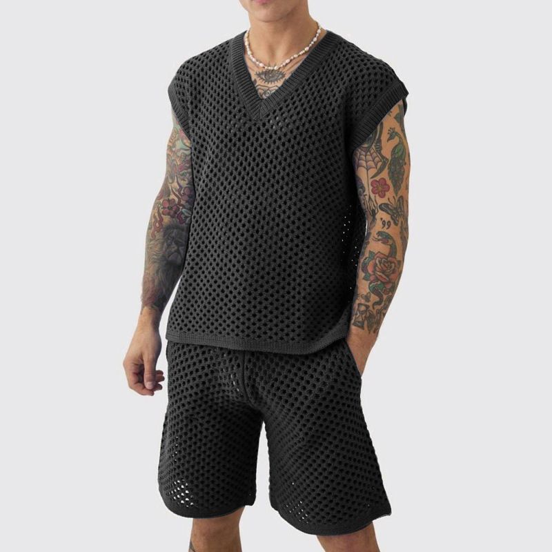 Men's Clothing Casual Sleeveless Hollow Knitted V Neck Vest Spring And Summer New Shorts Fashionable Solid Color Men's Suit_viptrois.com