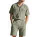 Men's Solid Color Short Sleeve Two Piece Set Casual Workwear Sports Loose Fit Cotton Polyester Linen Blend For Summer - Black Gray Khaki_viptrois.com