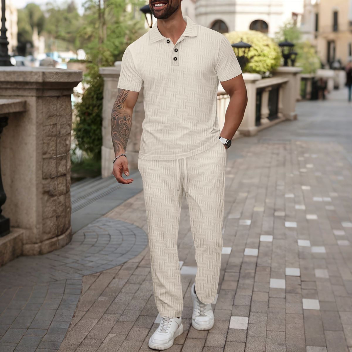 Men's Solid Color Jacquard Shirt Short Sleeve Lapel Button Casual Loose Fit Summer Cotton Polyester Linen Suit_viptrois.com