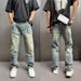 Retro Washed Distressed Denim Jeans High End Men's Spring Summer Trendy Loose Fit Cool And Edgy Wasteland Colored Straight Leg_viptrois.com