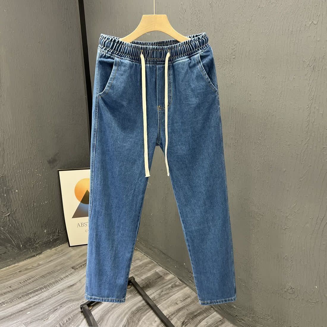 Men's Elastic Waist Jeans, Thin Summer Loose Fit Straight Leg Nine-Part Wide Leg Casual High Street Retro Trousers_viptrois.com