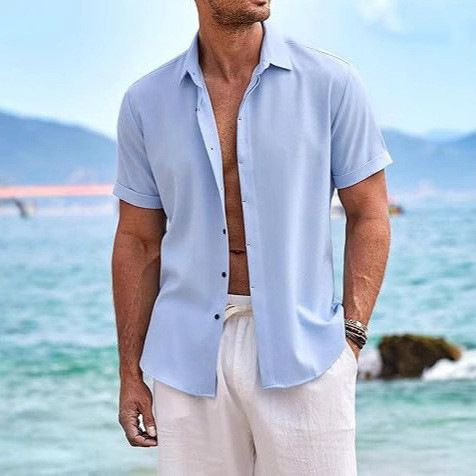Men's Clothing Independent Station Wish Men's Shirt Short Sleeved Casual All Match Solid Color Beach Hawaiian Summer Shirt_viptrois.com