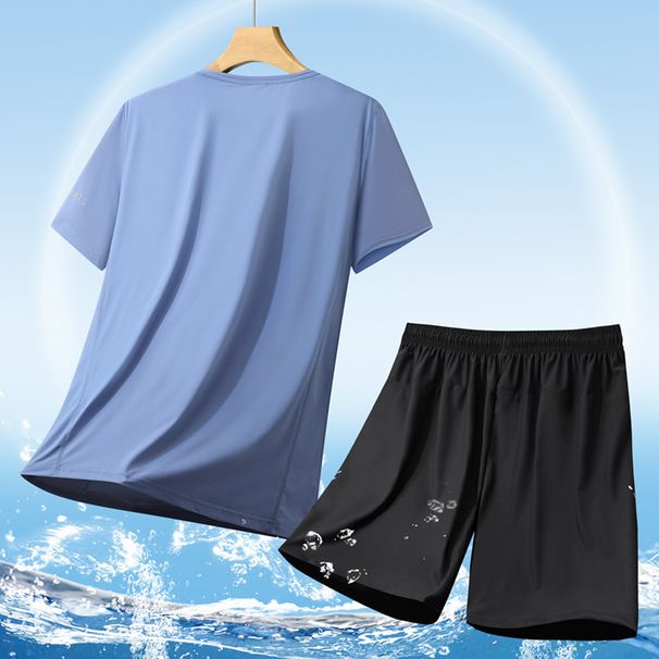 Large Ice Silk Casual Sports For Men, Trendy Short Sleeve T-Shirt, Loose Men's Shorts Two Piece Set_viptrois.com
