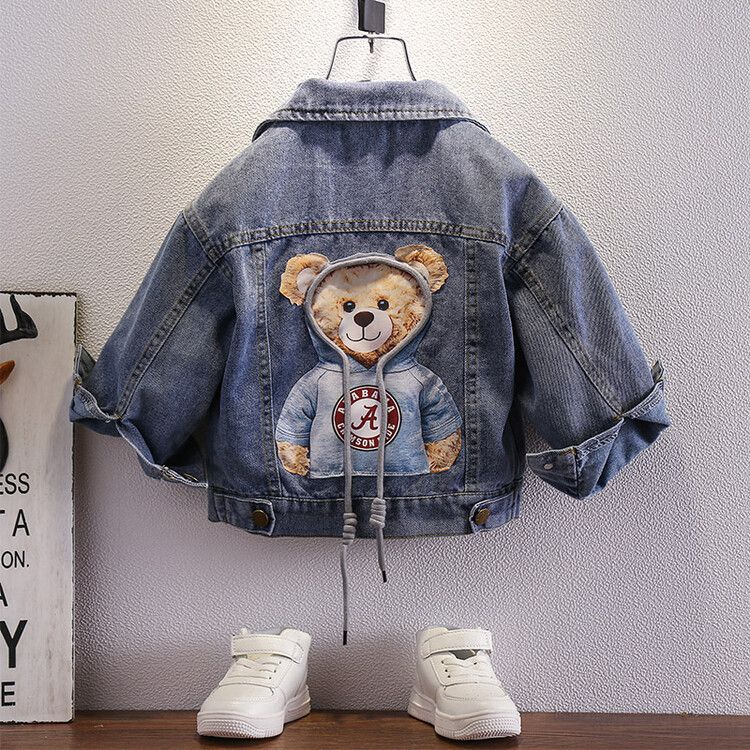 Children's clothing Back Bear Hat Rope Denim Jacket Spring and Autumn New Children's Denim Clothing Baby Top Jacket_viptrois.com