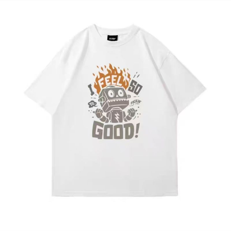 【DORAE】2026 Cotton T-shirt (Combed Cotton) Black (Angry Robot & Flame Graphic Print) – Retro Street Style For Friend Gathering_viptrois.com