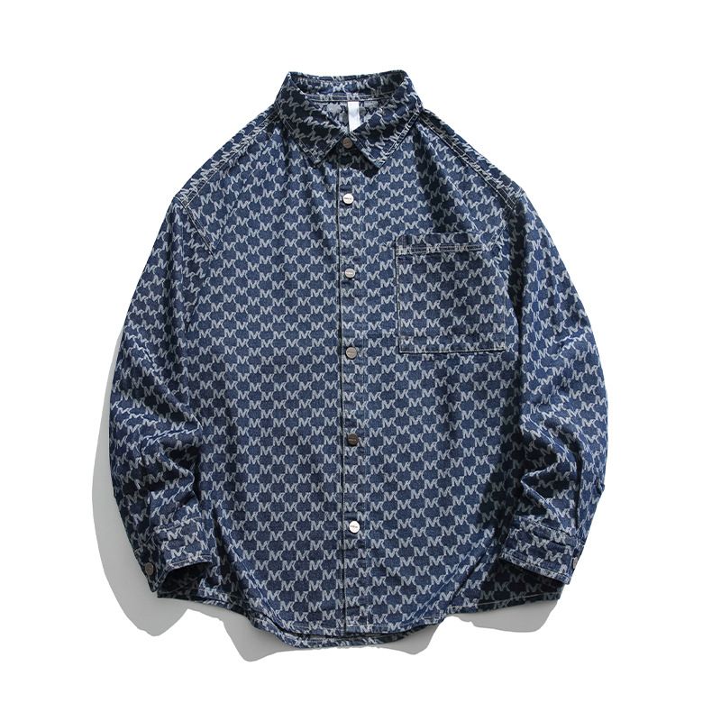 Men's Clothing Retro Autumn New Long Sleeved Shirt Jacket Couple Trendy Jacquard Denim Shirt_viptrois.com
