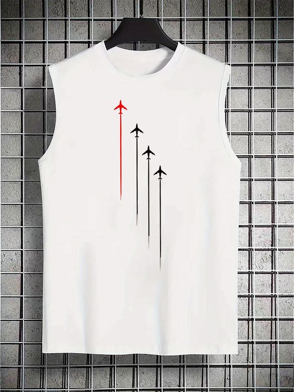 100% Pure Cotton Men's Summer Leisure Sports Fitness Loose And Fashionable Airplane Pattern Printed Breathable Round Neck Sleeveless Vest_viptrois.com