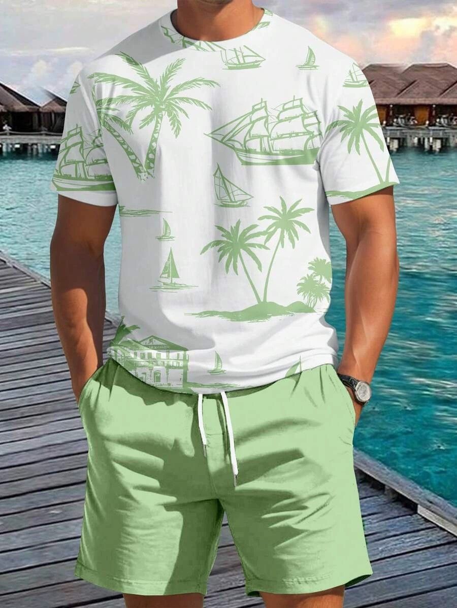 Summer Men's Printed Shorts Short Sleeves Casual Beach Suit_viptrois.com