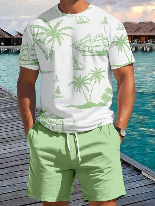 Summer Men's Printed Shorts Short Sleeves Casual Beach Suit_viptrois.com