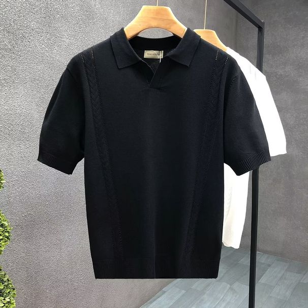Men's Clothing New V Neck Polo Shirt Men's Design Knitted Sweater Short Sleeved T Shirt Loose Lapel Solid Color Spring And Summer Trend_viptrois.com