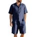 Men's Summer Linen Jacquard Shirt Shorts Set Striped Loose Fit Short Sleeved Beachwear For American Styles_viptrois.com