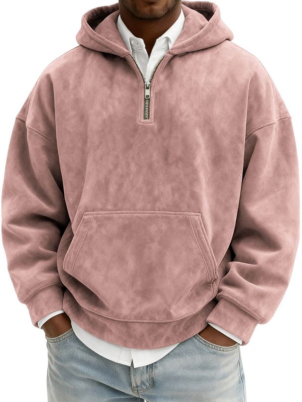 Men's Vintage Washed Hooded Half-Zip Sweatshirt - Casual Pullover With Relaxed Fit Comfortable Cotton Blend Multiple Colors Sizes For Urban Streetwear_viptrois.com