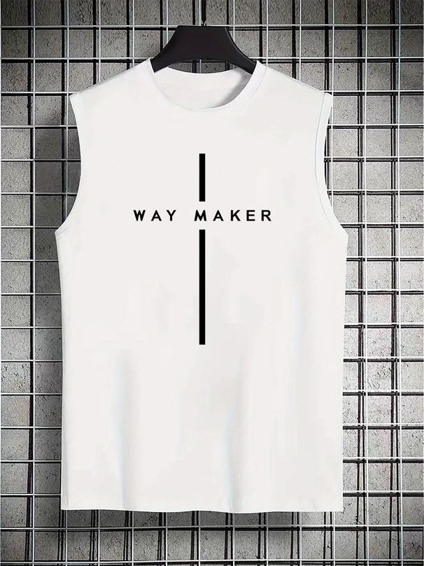 100% Pure Cotton Men's Summer Casual Sports Fitness Loose WAY MAKER Letter Pattern Printed Breathable Round Neck Sleeveless Vest_viptrois.com
