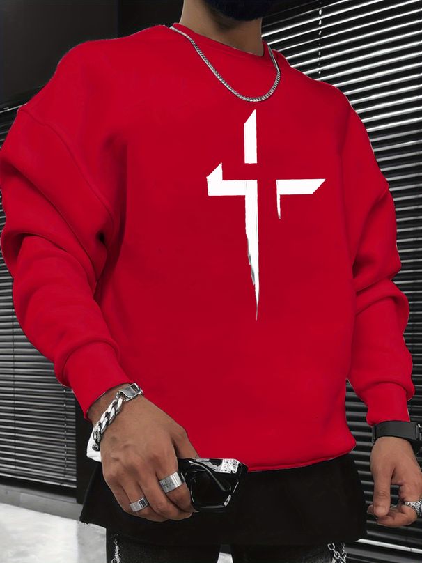 Men's Loose Casual Fashionable Cross Pattern Printed Round Neck Long Sleeved Sportswear For Autumn And Winter_viptrois.com