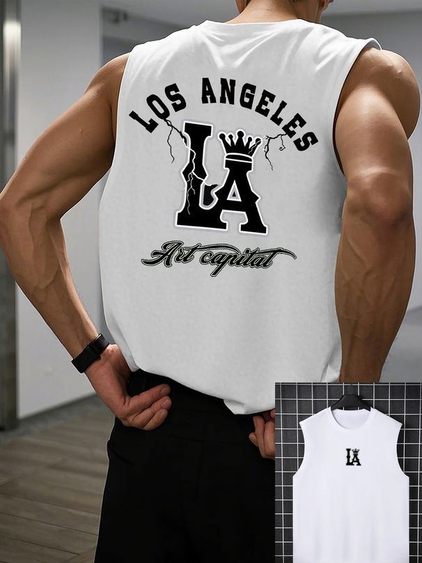 100% Pure Cotton Men's Summer Casual Sports Fitness Loose Los Angeles Letter Pattern Printed Breathable Round Neck Sleeveless Vest_viptrois.com