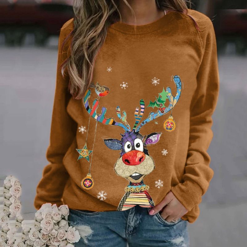 Men's Clothing Christmas Reindeer Print Long Sleeve Round Neck Sweatshirt For Women – Casual & Stylish, Comfortable Loose Fit, Multiple Colors & Sizes_viptrois.com