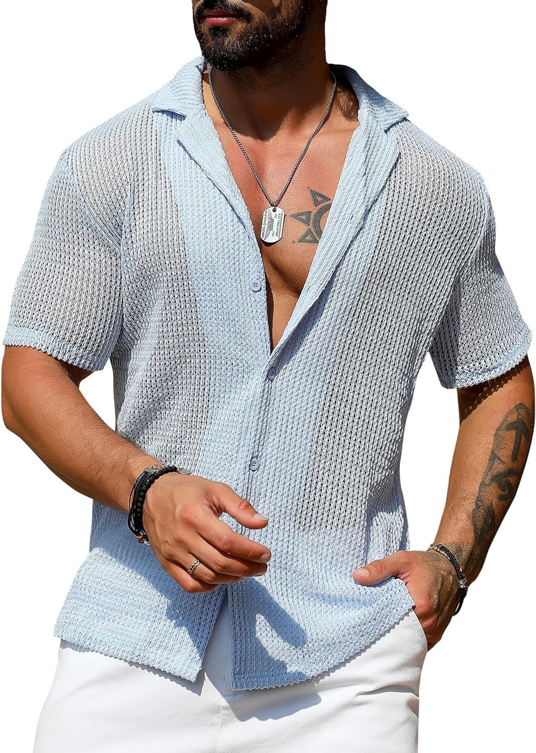 Men's Casual Shirt, Summer Fashion, Cool And Breathable, Solid Color Short-sleeved Top, Knitted Sweater_viptrois.com