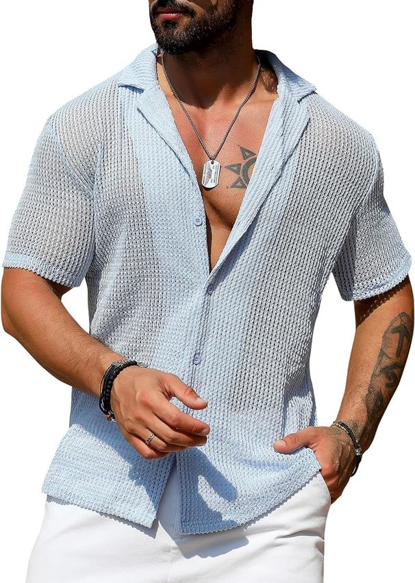 Men's Casual Shirt, Summer Fashion, Cool And Breathable, Solid Color Short-sleeved Top, Knitted Sweater_viptrois.com