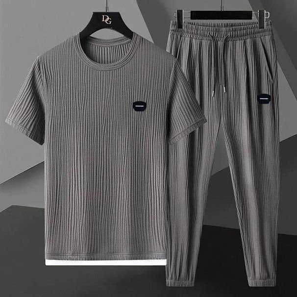 Summer Plus-size High-end Casual Sportswear Men's Ice Silk Breathable Elastic Quick-drying Ultra-thin Short-sleeved Two-piece Set_viptrois.com