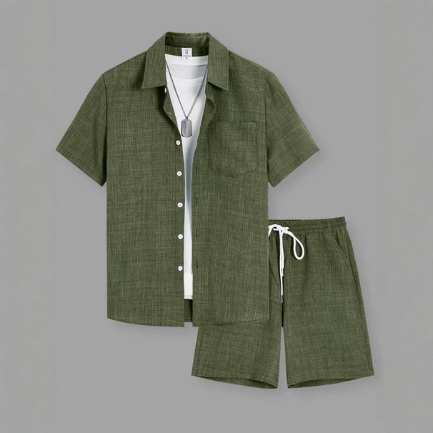 Men's Clothing Men's Summer Beach Two-Piece Set Short-Sleeved Shirt And Shorts Casual Vacation Suit Two-Tone Textured_viptrois.com