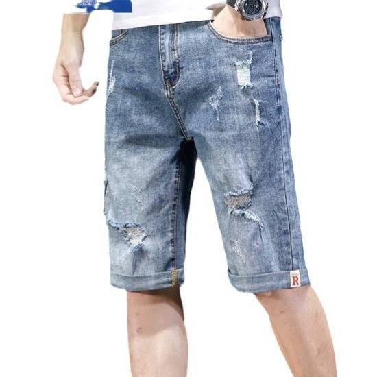 Men's Clothing Denim Shorts Trendy Loose Five Point Summer Thin Casual Ripped Mid Length Pants_viptrois.com
