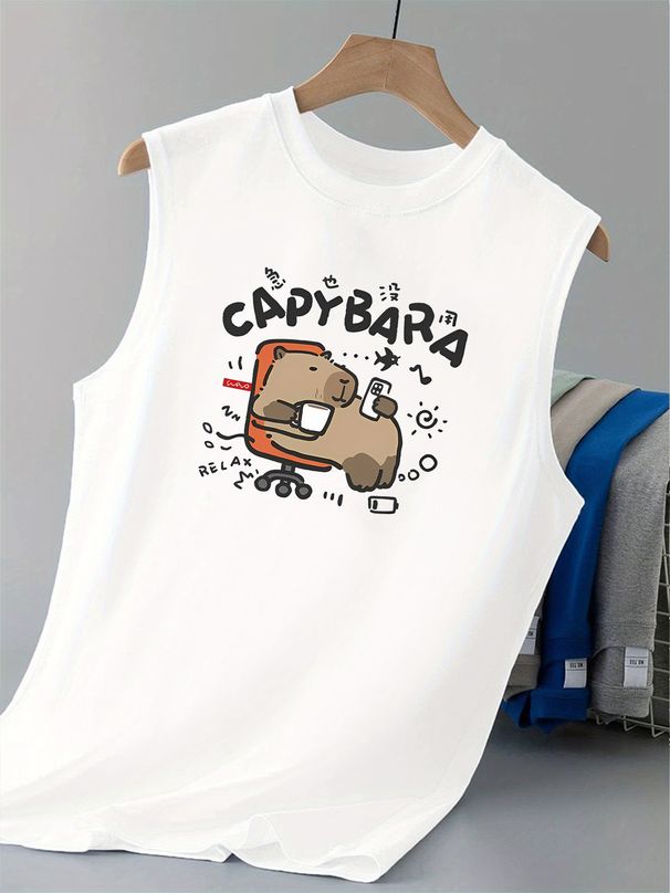 100% Pure Cotton Men's Summer Casual Sports Fitness Loose Cartoon Pattern Printed Breathable Round Neck Sleeveless Vest_viptrois.com