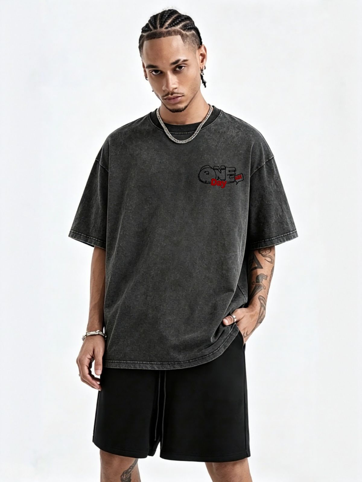 230g Washed Men Crew Neck Tee Black Red ONE DAY Graffiti Letter Print Short Sleeve Casual Streetwear Summer Top_viptrois.com