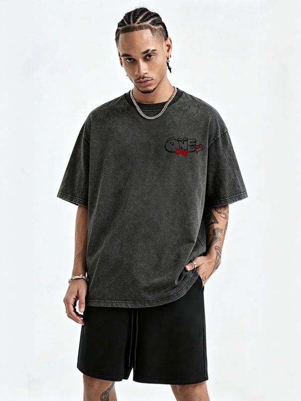 230g Washed Men Crew Neck Tee Black Red ONE DAY Graffiti Letter Print Short Sleeve Casual Streetwear Summer Top_viptrois.com