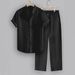 Men's Clothing Men's Striped Short-Sleeved Shirt Button Down Lapel Drawstring Trousers Suit For Formal & Casual_viptrois.com