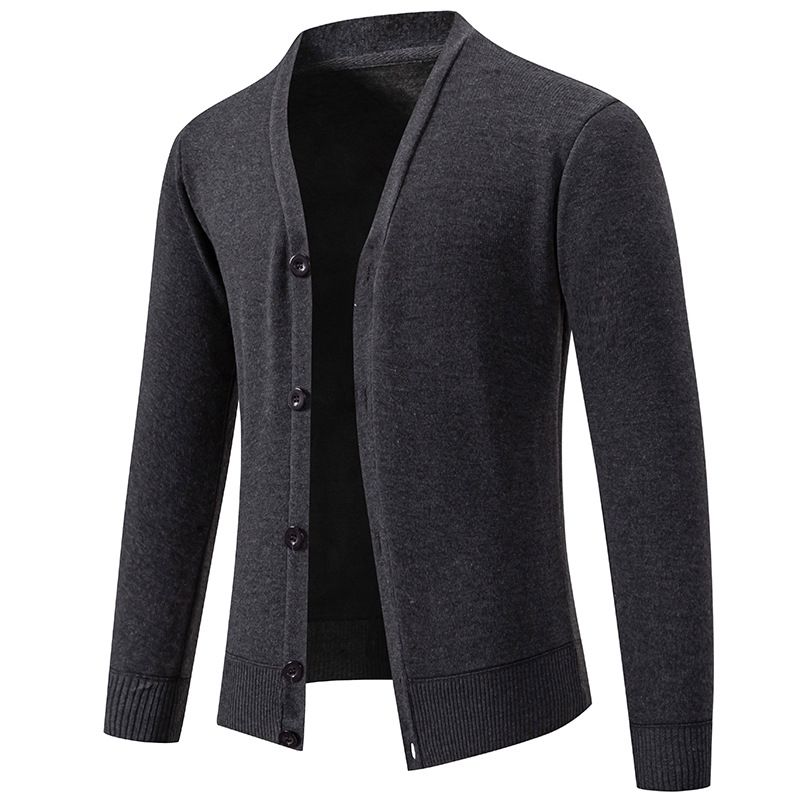 Men's V-Neck Knit Sweater Jacket - Fleece-Lined Slim Fit Cardigan For Casual & Office Wear Trendy Fashion_viptrois.com