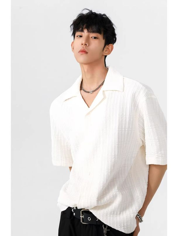Men's Clothing Textured Design Cuban Collar Ice Silk Short Sleeved Shirt Men's Summer Trendy Brand All Match Casual Half Sleeved Shirt Jacket_viptrois.com