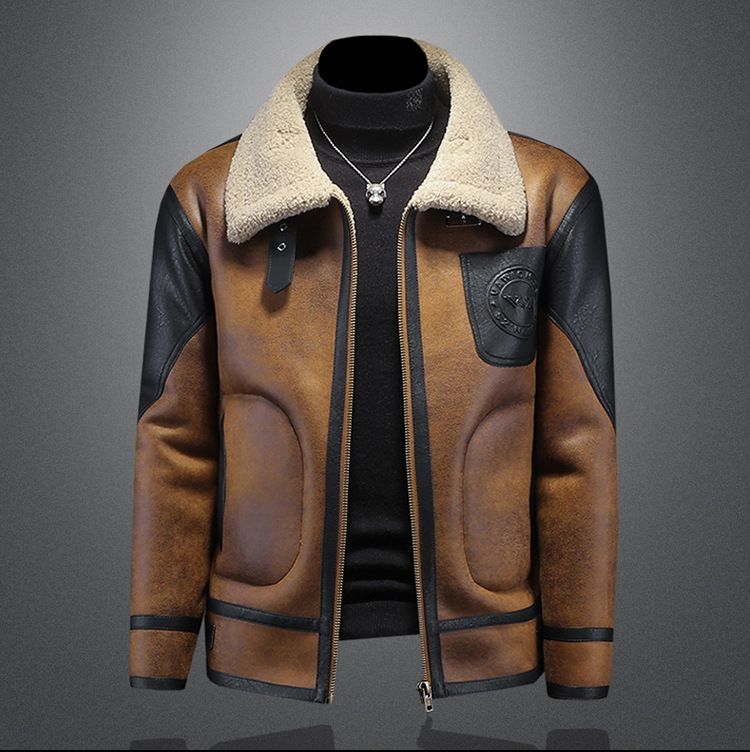 Men's Winter Sherpa-Lined Bomber Jacket – Windproof Polyester Blend, Slim Fit, Stylish Color Blocking (M-5XL, Dark Brown)_viptrois.com