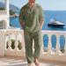Linen Men's Casual Loose Fitting Two Piece Set Spring Autumn Simple Polo Shirt And Pants_viptrois.com