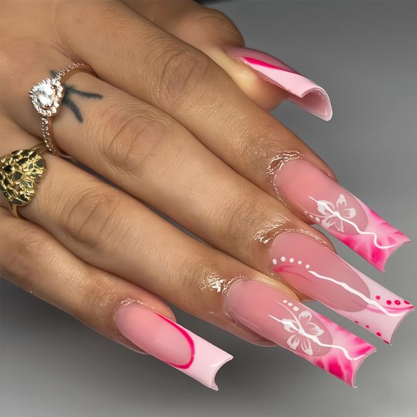 European And American Wearable Nails Sweet Cool Flower Rendering Short European Square Shape False Nails Finished Product_viptrois.com