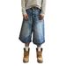 Men's Clothing Unisex Retro Whiskered Washed Blue Denim Shorts High Street Style Wide Leg Button Down Capri Pants Men's Clothing_viptrois.com