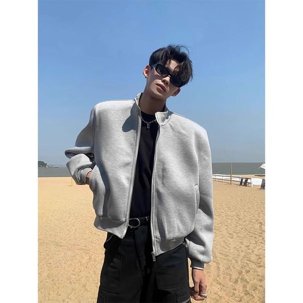 American Style Cleanfit Padded Shoulder For Men, Spring And Autumn New High-End Design, Oversized Short Stand Collar_viptrois.com