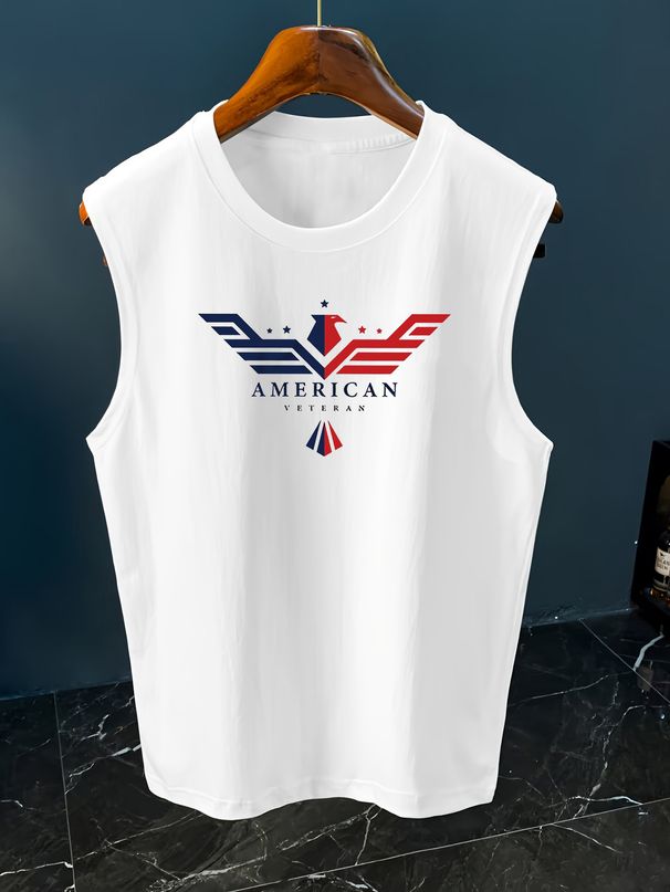 100% Pure Cotton Men's Summer Casual Sports Fitness Loose American Eagle Pattern Printed Breathable Round Neck Sleeveless Vest_viptrois.com
