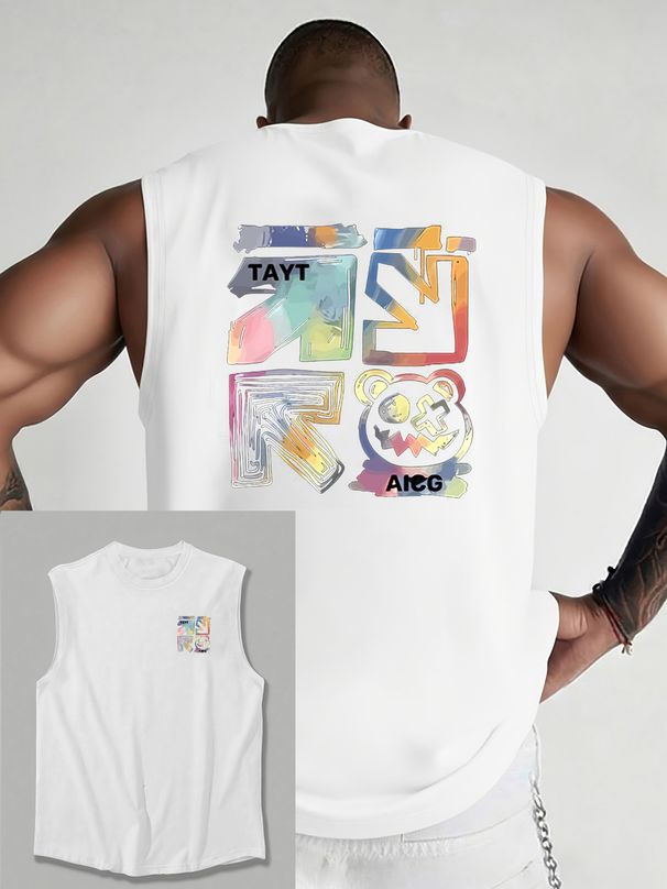 100% Pure Cotton Men's Summer Casual Sports Fitness Loose Cyber Street Graffiti Style Print Breathable Round Neck Sleeveless Vest_viptrois.com