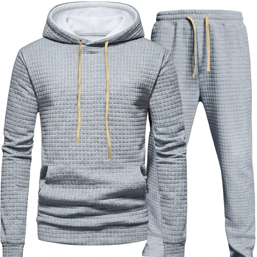 Men's Waffle Jacquard Hooded Tracksuit Set - Lightweight Casual Two-Piece Outfit For Fall & Winter (White, Light Grey, Dark Grey, Black, Beige)_viptrois.com
