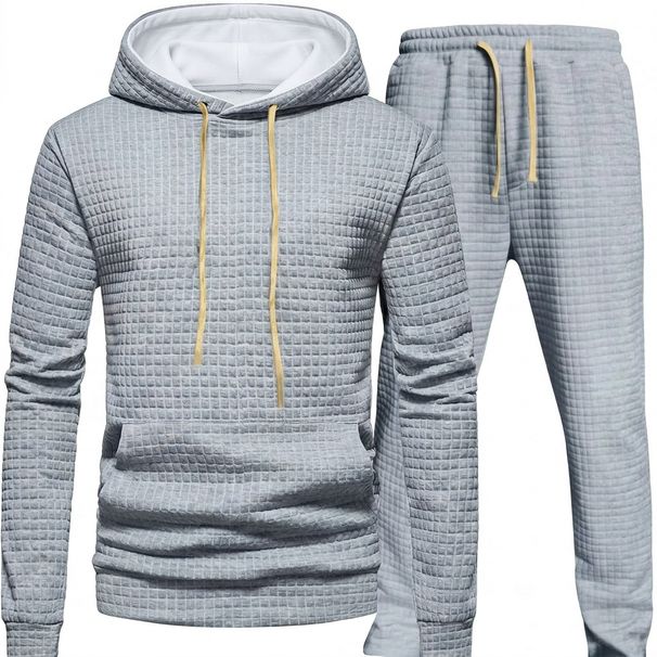 Men's Waffle Jacquard Hooded Tracksuit Set - Lightweight Casual Two-Piece Outfit For Fall & Winter (White, Light Grey, Dark Grey, Black, Beige)_viptrois.com