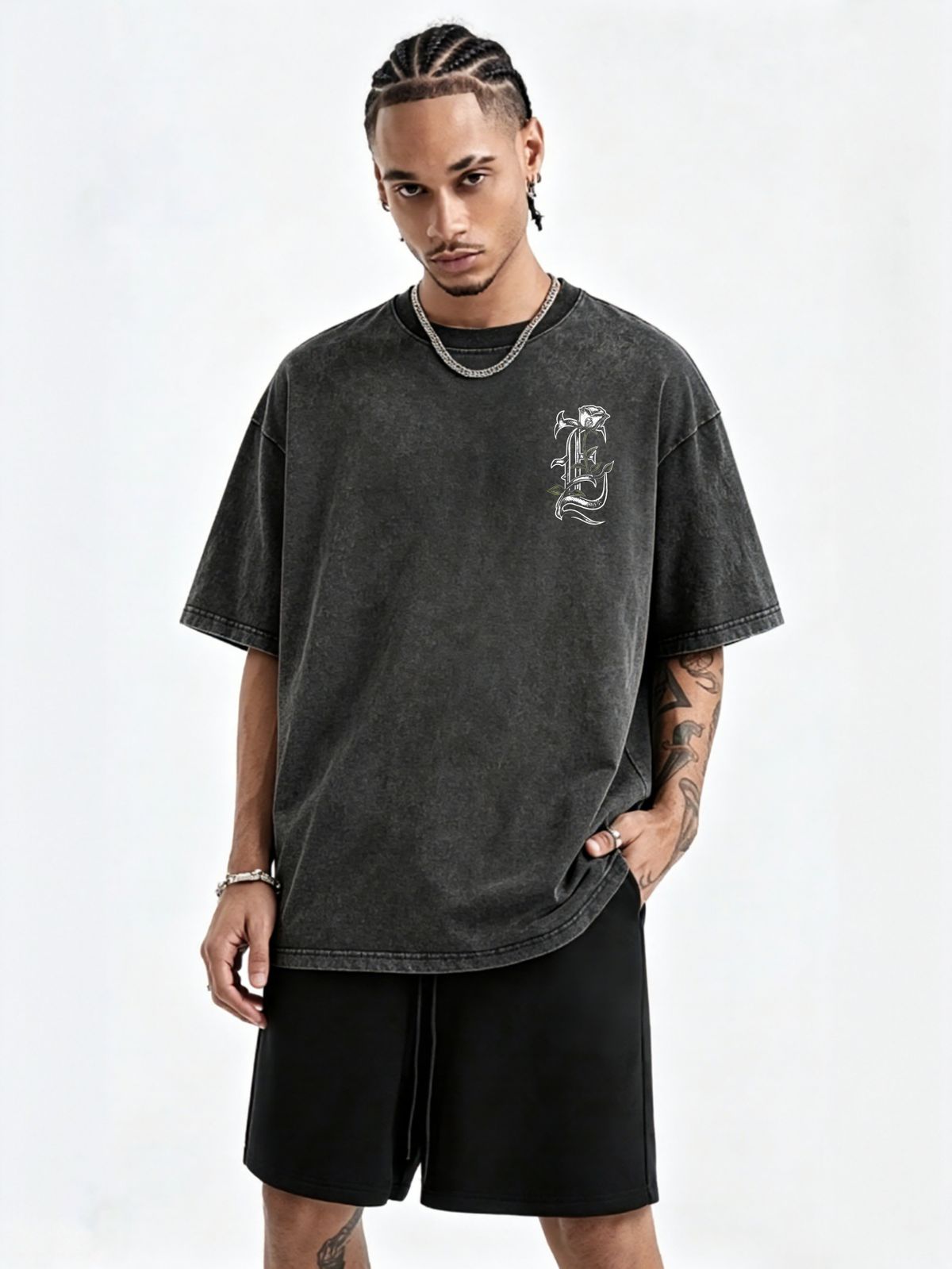 230g Washed Men T-Shirt Gothic Letter E With White Rose Graphic Print Short Sleeve Crew Neck Casual Streetwear Top_viptrois.com